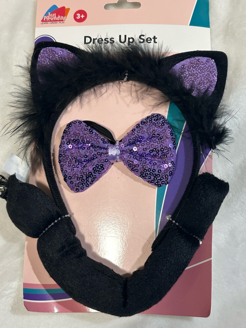 Black Cat Dress Up Set - Purple Sequin Bow Tie, Ear Headband & Tail Kit